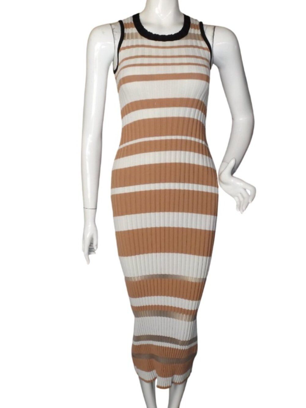 SONIA RYKIEL Dress, XS, Tube, Clingy Ribbed, Sheer Bands/Bottom, Midi, Fitted